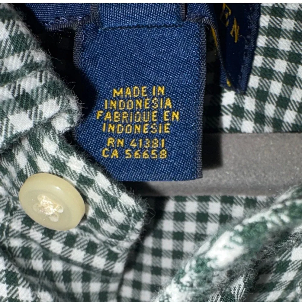 Ralph‎ Lauren Boys Green Gingham Button Down Shirt L 14-16 Cotton Long Sleeve